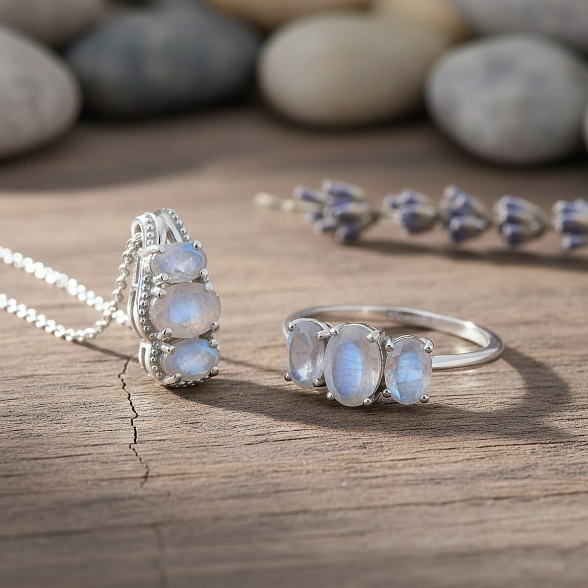 D'Joy Rainbow Moonstone 2.90 ctw Ring (Size 7.0) and Pendant Necklace 20 Inches in Rhodium Over Sterling Silver image number 1