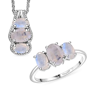D'Joy Rainbow Moonstone 2.90 ctw Ring (Size 9.0) and Pendant Necklace 20 Inches in Rhodium Over Sterling Silver