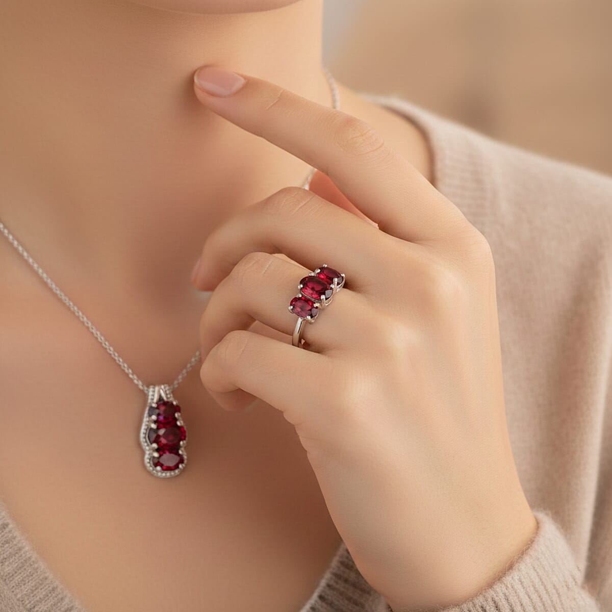 D'Joy Mozambique Garnet 3.30 ctw Ring (Size 6.0) and Pendant Necklace 20 Inches in Rhodium Over Sterling Silver image number 2