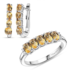 D'Joy Brazilian Citrine, White Zircon 2.30 ctw Band Ring (Size 6.0) and Earrings in Rhodium Over Sterling Silver