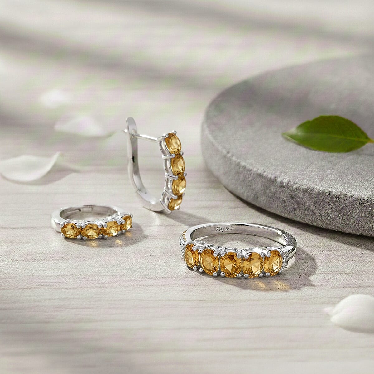 D'Joy Brazilian Citrine, White Zircon 2.30 ctw Band Ring (Size 8.0) and Earrings in Rhodium Over Sterling Silver image number 1