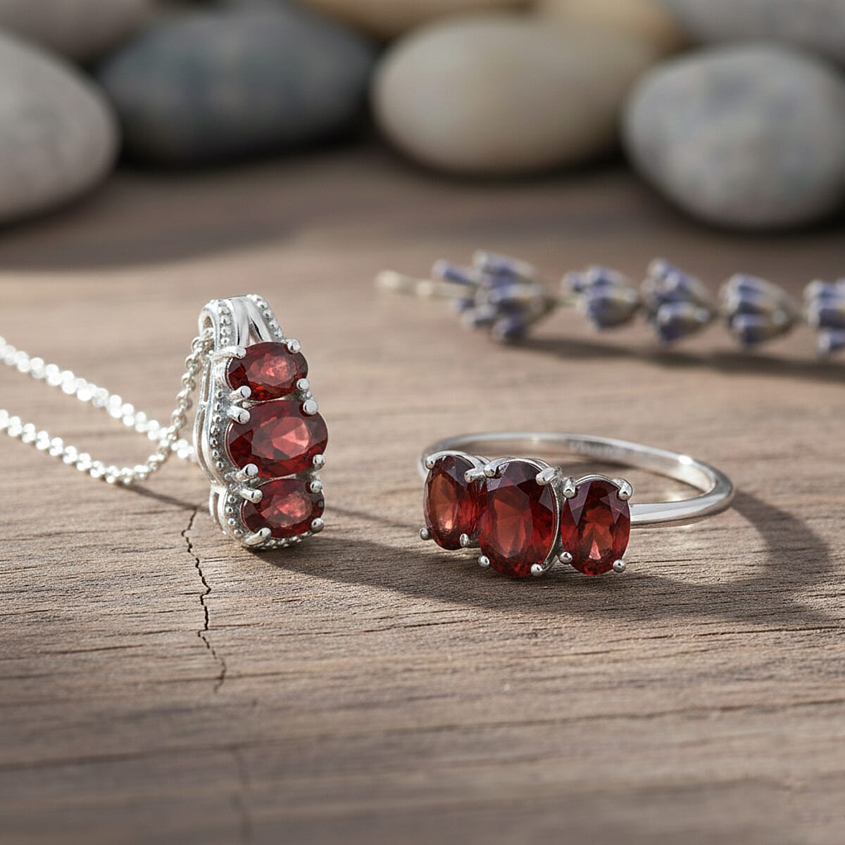 D'Joy Mozambique Garnet 3.30 ctw Ring (Size 7.0) and Pendant Necklace 20 Inches in Rhodium Over Sterling Silver image number 1