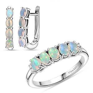 D'Joy Ethiopian Welo Opal, White Zircon 1.65 ctw Band Ring (Size 8.0) and Earrings in Rhodium Over Sterling Silver