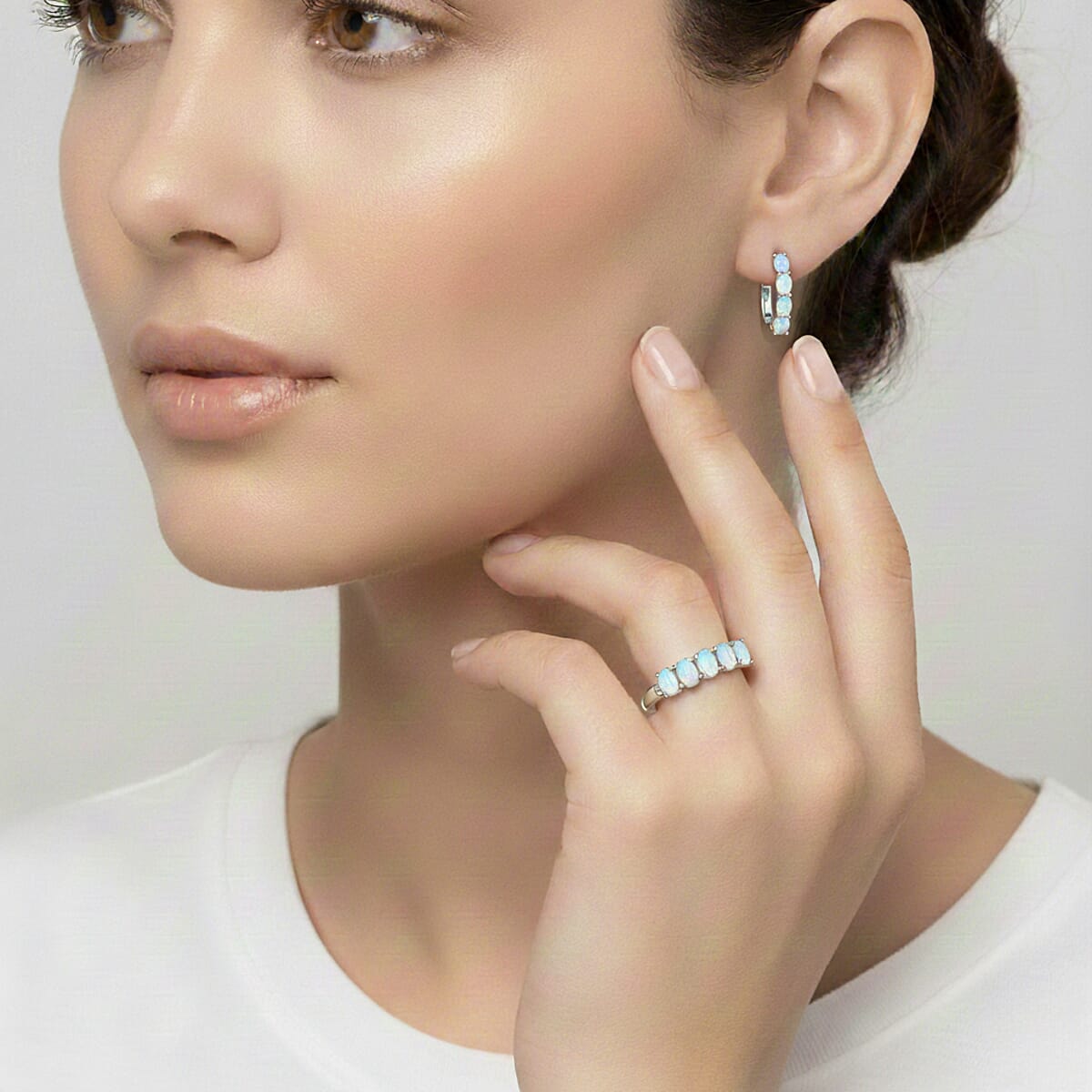 D'Joy Ethiopian Welo Opal, White Zircon 1.65 ctw Band Ring (Size 8.0) and Earrings in Rhodium Over Sterling Silver image number 2