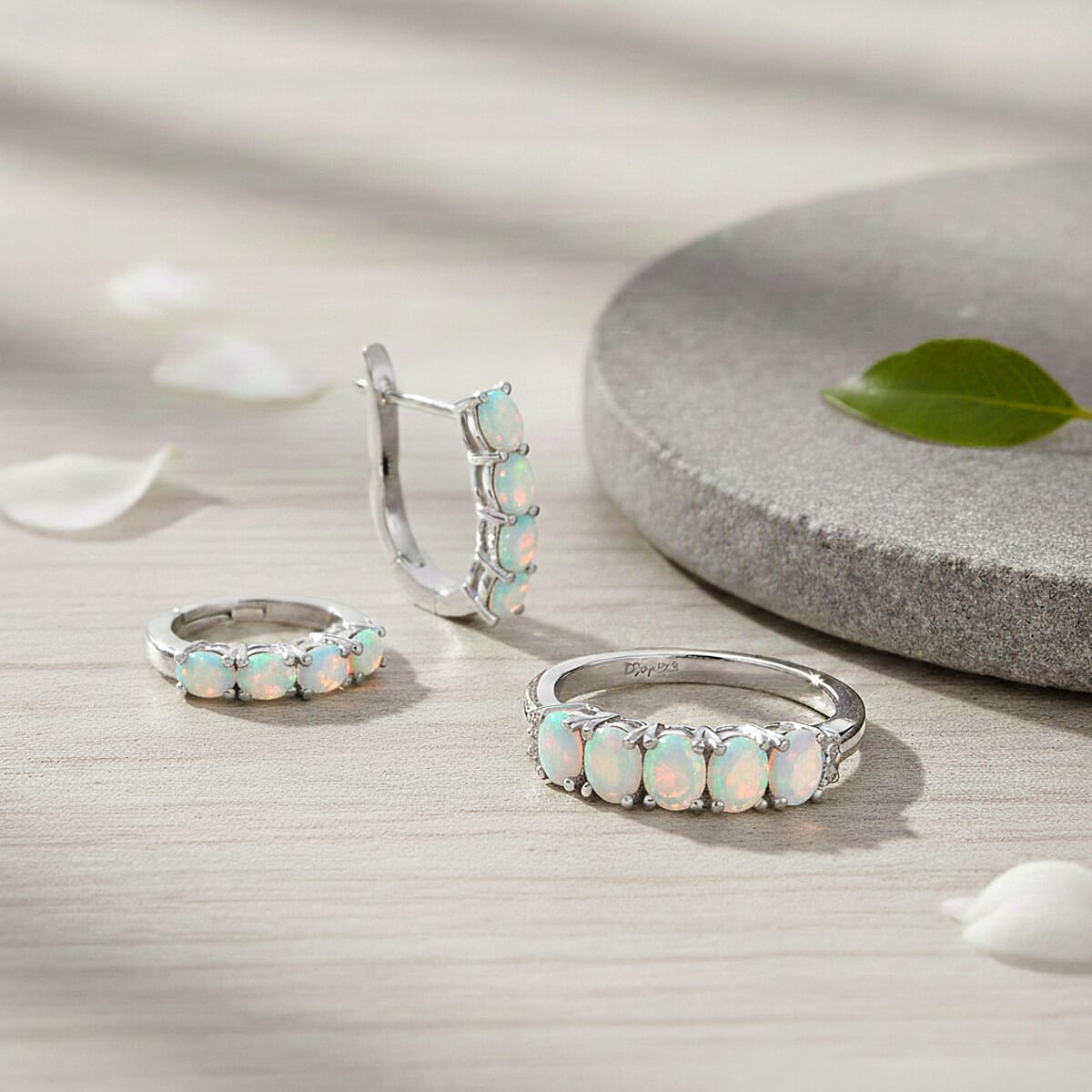 D'Joy Ethiopian Welo Opal, White Zircon 1.65 ctw Band Ring (Size 9.0) and Earrings in Rhodium Over Sterling Silver image number 1