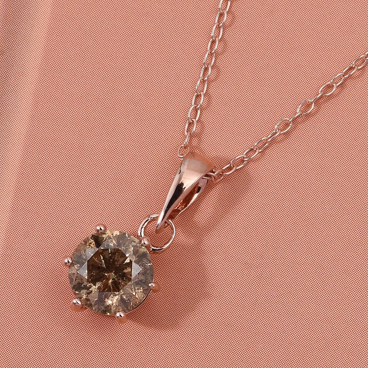 D'Joy Natural Champagne Diamond I2-I3 1.00 ctw Solitaire Pendant Necklace in 18K Vermeil Rose Gold Over Sterling Silver 20 Inches image number 1