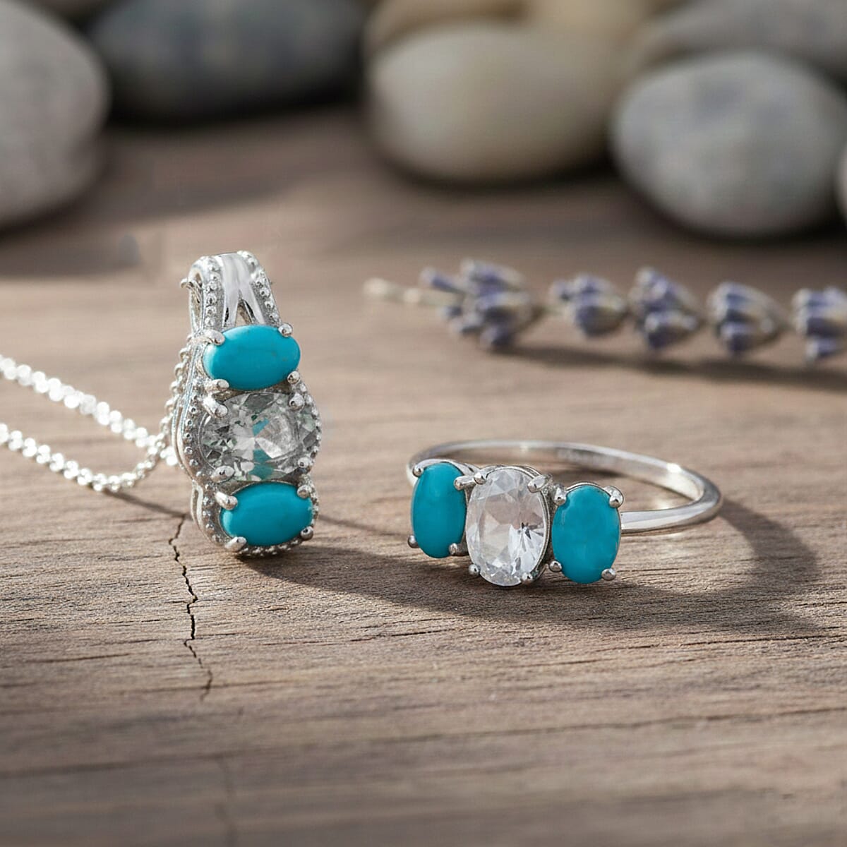 D'Joy White Topaz, Sleeping Beauty Turquoise 2.60 ctw Ring (Size 7.0) and Pendant Necklace 20 Inches in Rhodium Over Sterling Silver image number 1