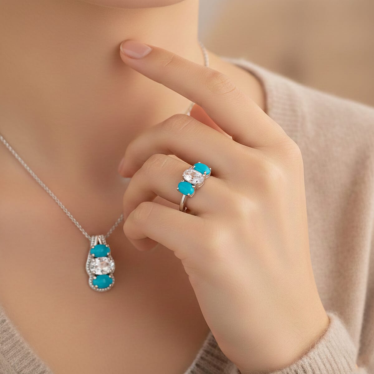 D'Joy White Topaz, Sleeping Beauty Turquoise 2.60 ctw Ring (Size 7.0) and Pendant Necklace 20 Inches in Rhodium Over Sterling Silver image number 2