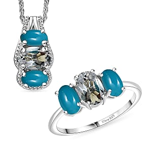 D'Joy White Topaz, Sleeping Beauty Turquoise 2.60 ctw Ring (Size 8.0) and Pendant Necklace 20 Inches in Rhodium Over Sterling Silver