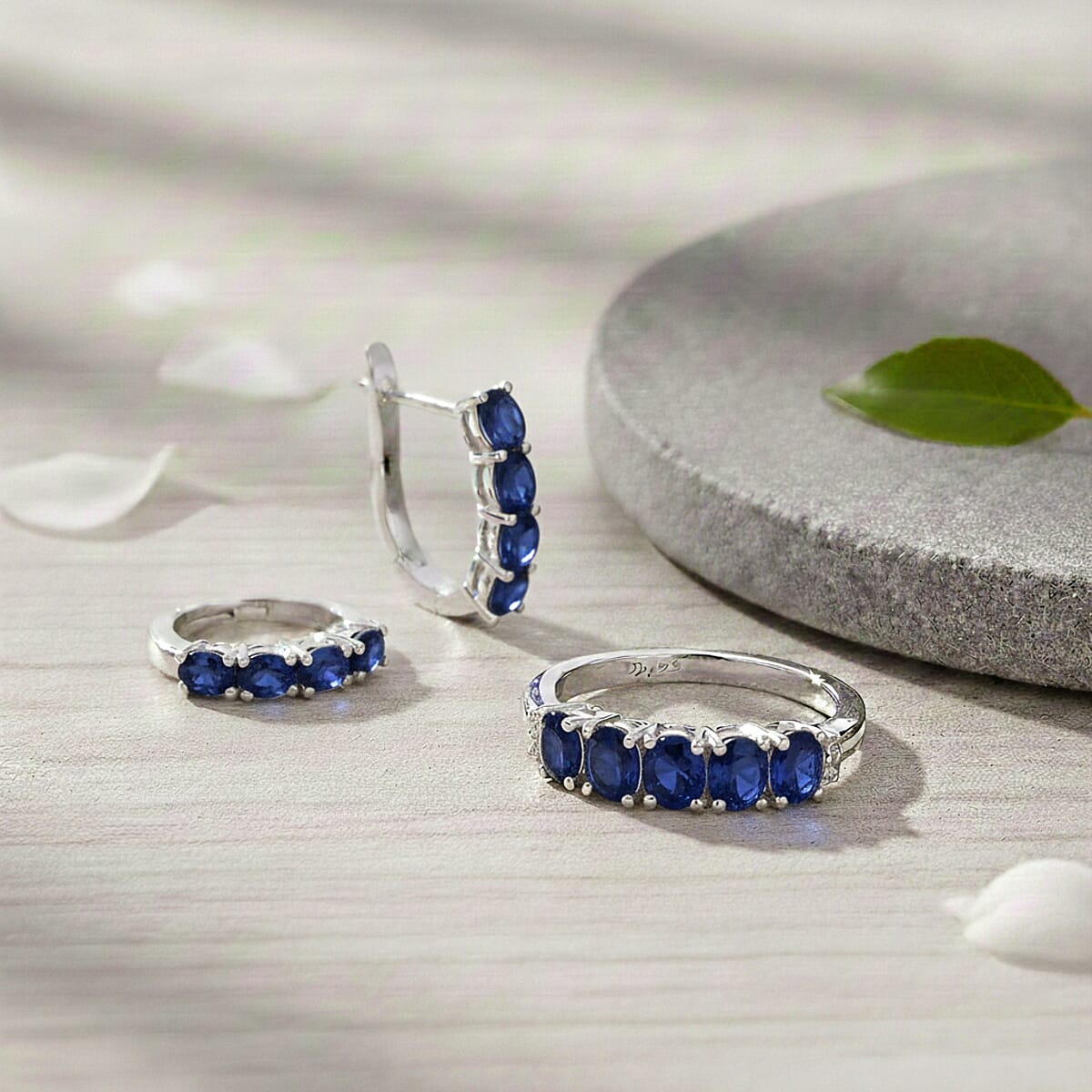 D'Joy Masoala Sapphire (D), White Zircon 3.40 ctw Band Ring (Size 6.0) and Earrings in Rhodium Over Sterling Silver image number 1