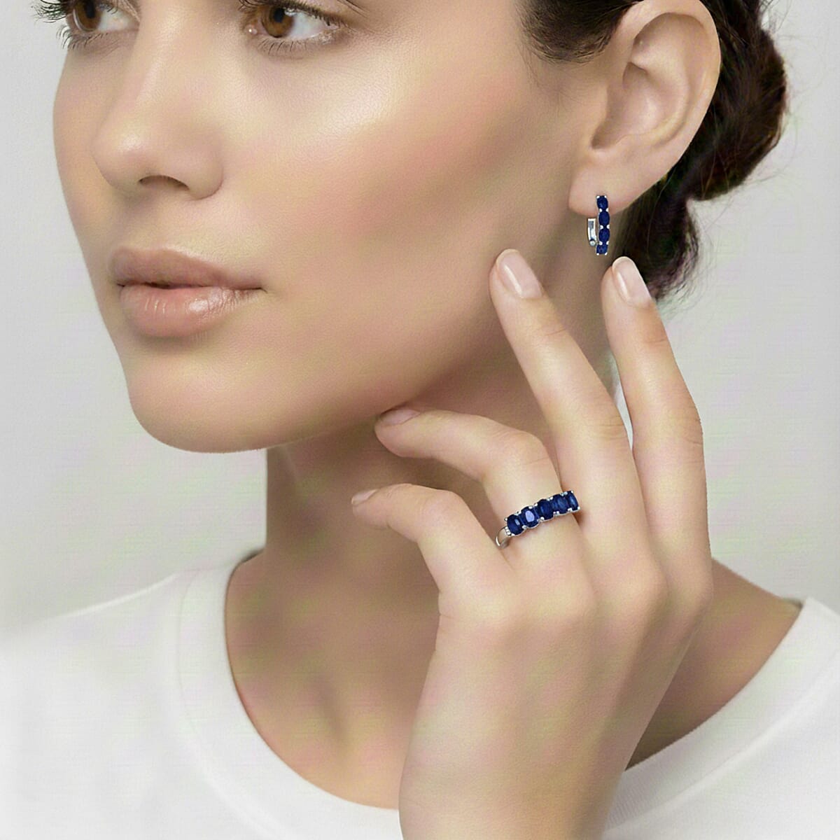 D'Joy Masoala Sapphire (D), White Zircon 3.40 ctw Band Ring (Size 8.0) and Earrings in Rhodium Over Sterling Silver image number 2