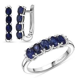 D'Joy Masoala Sapphire (D), White Zircon 3.40 ctw Band Ring (Size 9.0) and Earrings in Rhodium Over Sterling Silver