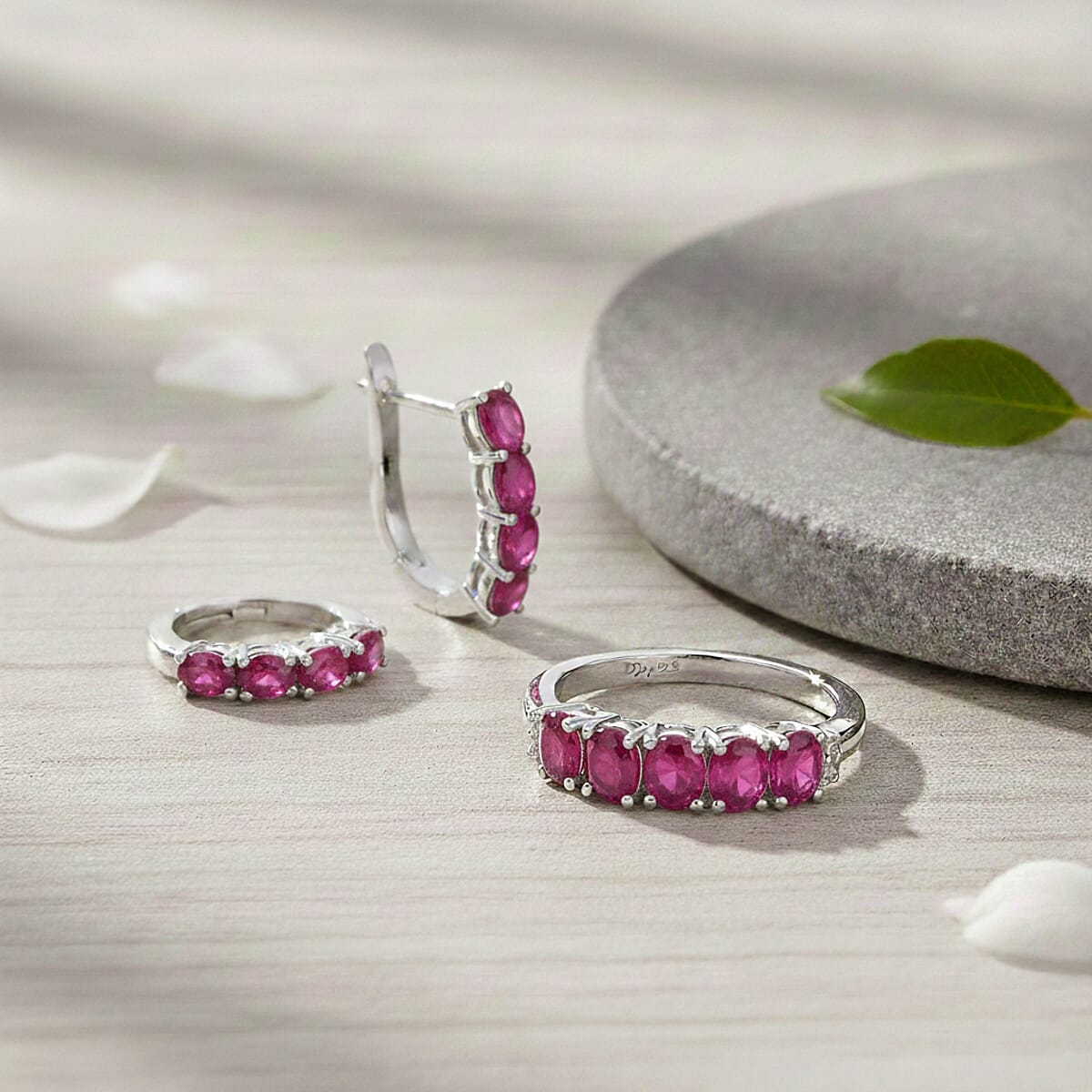 D'Joy Niassa Ruby (FF), White Zircon 3.65 ctw Band Ring (Size 5.0) and Earrings in Rhodium Over Sterling Silver image number 1