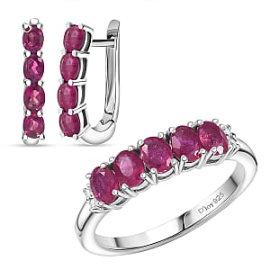 D'Joy Niassa Ruby (FF), White Zircon 3.65 ctw Band Ring (Size 9.0) and Earrings in Rhodium Over Sterling Silver