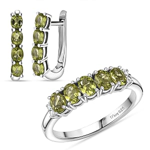 D'Joy Hebei Peridot, White Zircon 2.35 ctw Band Ring (Size 5.0) and Earrings in Rhodium Over Sterling Silver