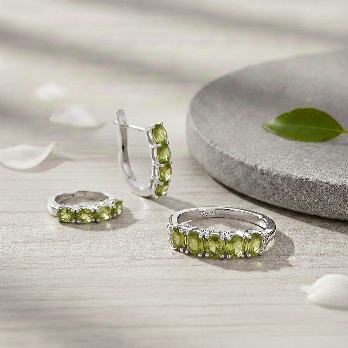 D'Joy Hebei Peridot, White Zircon 2.35 ctw Band Ring (Size 5.0) and Earrings in Rhodium Over Sterling Silver image number 1