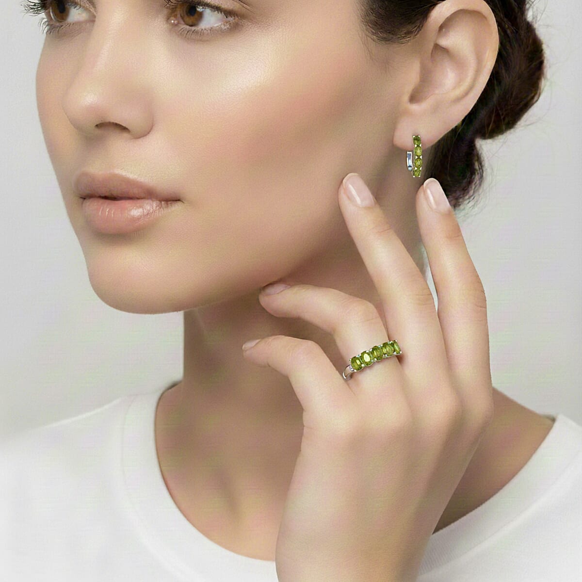 D'Joy Hebei Peridot, White Zircon 2.35 ctw Band Ring (Size 5.0) and Earrings in Rhodium Over Sterling Silver image number 2