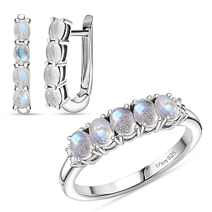 D'Joy Rainbow Moonstone, White Zircon 2.80 ctw Band Ring (Size 7.0) and Earrings in Rhodium Over Sterling Silver