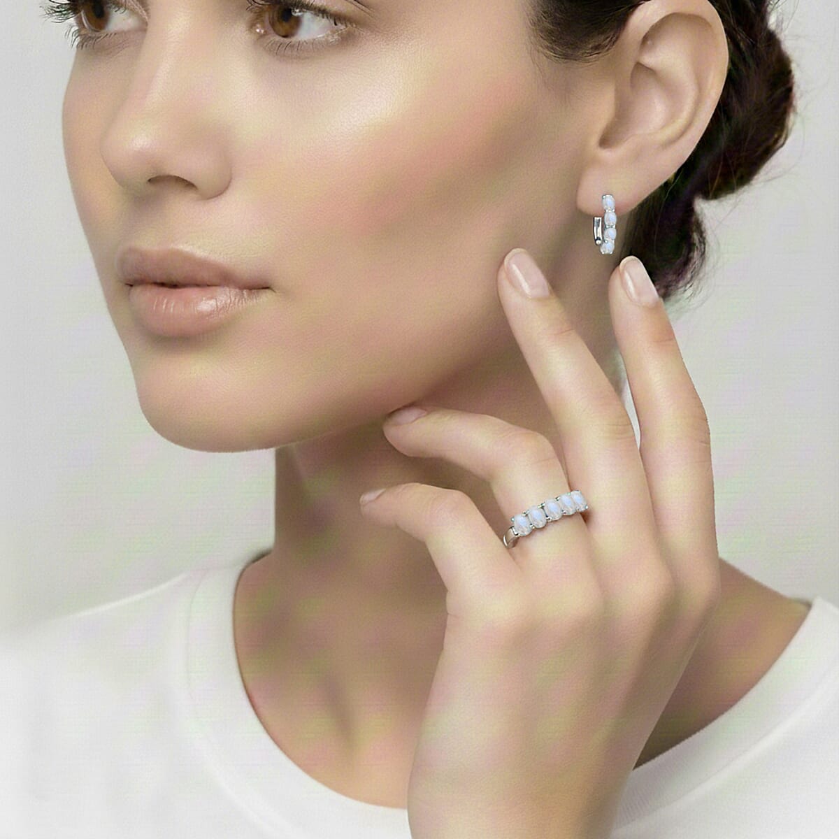 D'Joy Rainbow Moonstone, White Zircon 2.80 ctw Band Ring (Size 7.0) and Earrings in Rhodium Over Sterling Silver image number 2