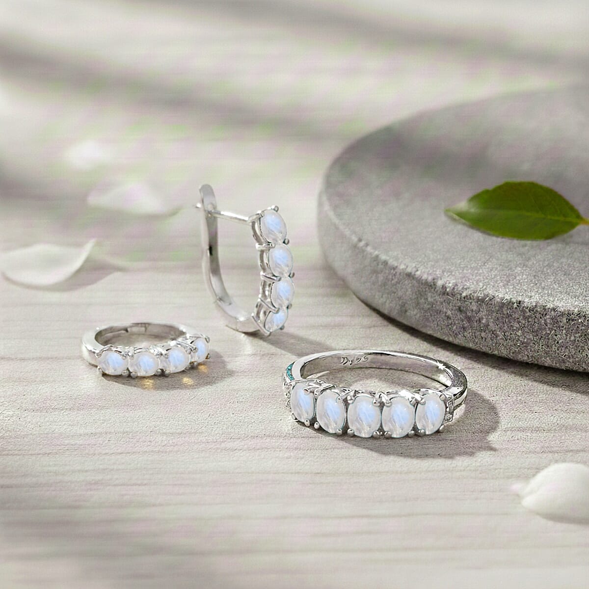 D'Joy Rainbow Moonstone, White Zircon 2.80 ctw Band Ring (Size 8.0) and Earrings in Rhodium Over Sterling Silver image number 1
