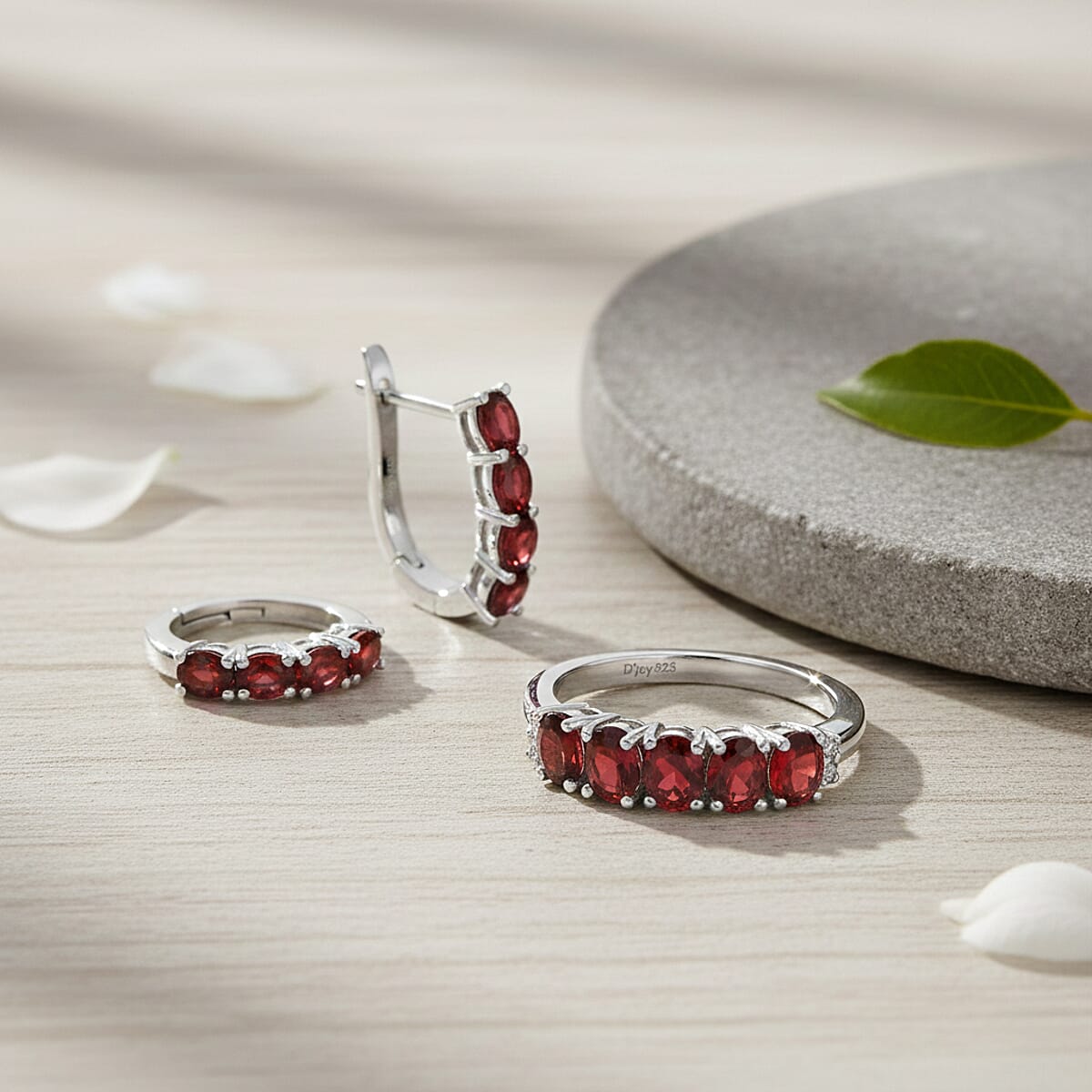D'Joy Mozambique Garnet, White Zircon 3.00 ctw Band Ring (Size 7.0) and Earrings in Rhodium Over Sterling Silver image number 1