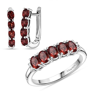 D'Joy Mozambique Garnet, White Zircon 3.00 ctw Band Ring (Size 9.0) and Earrings in Rhodium Over Sterling Silver