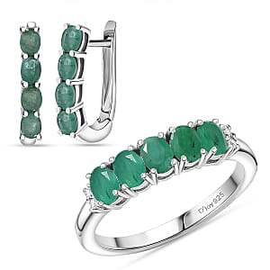 D'Joy Socoto Emerald, White Zircon 2.15 ctw Band Ring (Size 6.0) and Earrings in Rhodium Over Sterling Silver
