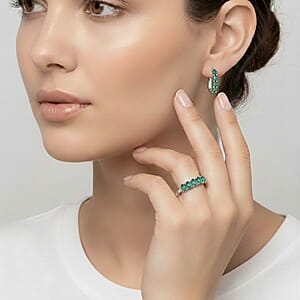 D'Joy Socoto Emerald, White Zircon 2.15 ctw Band Ring (Size 8.0) and Earrings in Rhodium Over Sterling Silver