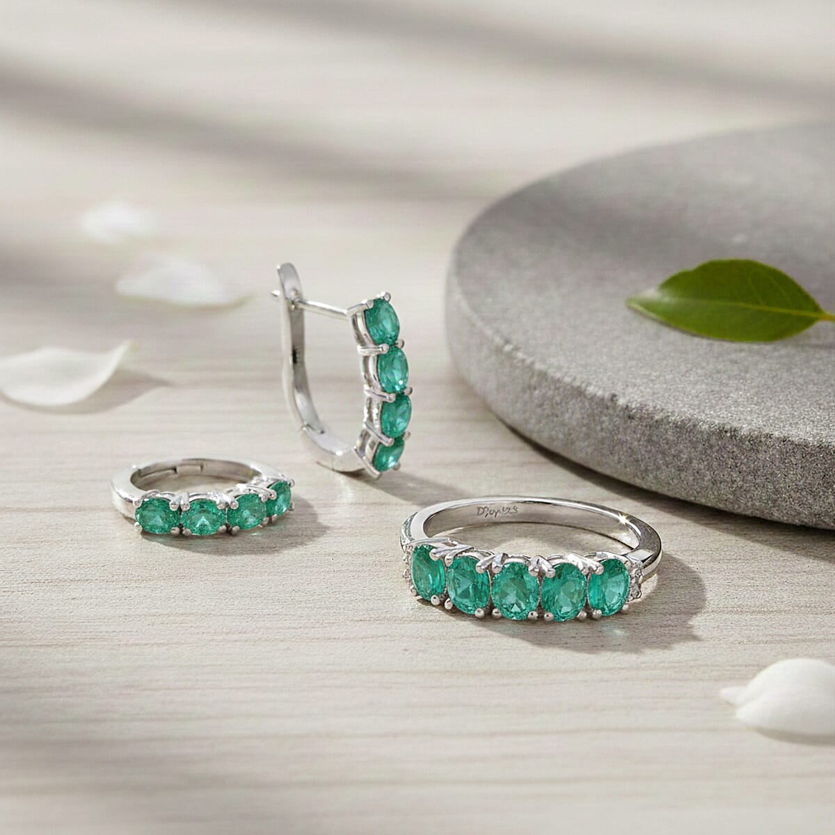 D'Joy Socoto Emerald, White Zircon 2.15 ctw Band Ring (Size 9.0) and Earrings in Rhodium Over Sterling Silver image number 1