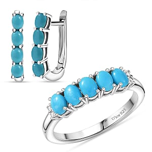 D'Joy Sleeping Beauty Turquoise, White Zircon 2.30 ctw Band Ring (Size 6.0) and Earrings in Rhodium Over Sterling Silver