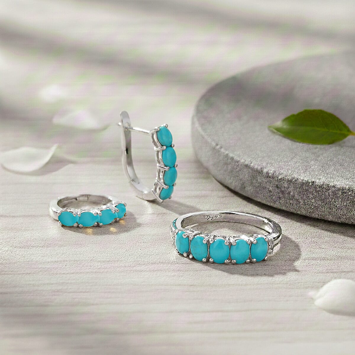D'Joy Sleeping Beauty Turquoise, White Zircon 2.30 ctw Band Ring (Size 6.0) and Earrings in Rhodium Over Sterling Silver image number 1