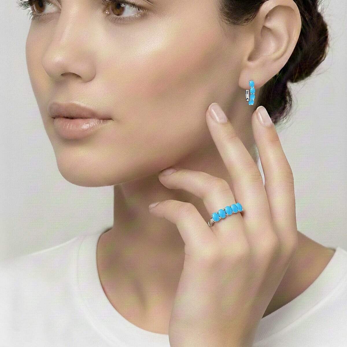 D'Joy Sleeping Beauty Turquoise, White Zircon 2.30 ctw Band Ring (Size 9.0) and Earrings in Rhodium Over Sterling Silver image number 2