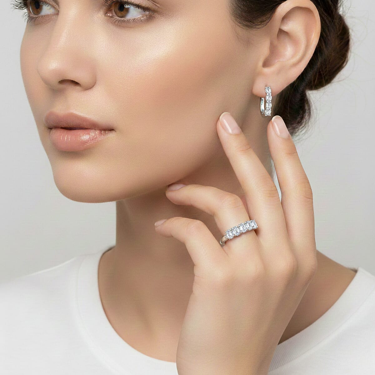 D'Joy White Topaz, White Zircon 2.70 ctw Band Ring (Size 6.0) and Earrings in Rhodium Over Sterling Silver image number 2