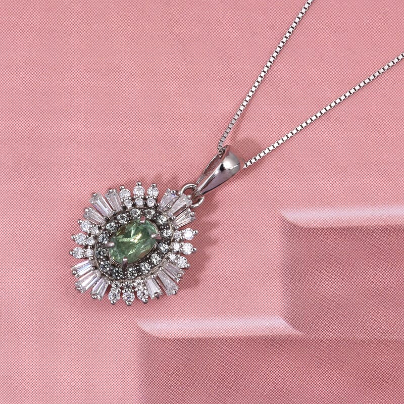 D'Joy Premium Ambanja Demantoid Garnet and Multi Gemstone 1.30 ctw Woodland Spark Halo Pendant Necklace in Rhodium Over Sterling Silver 20 Inches