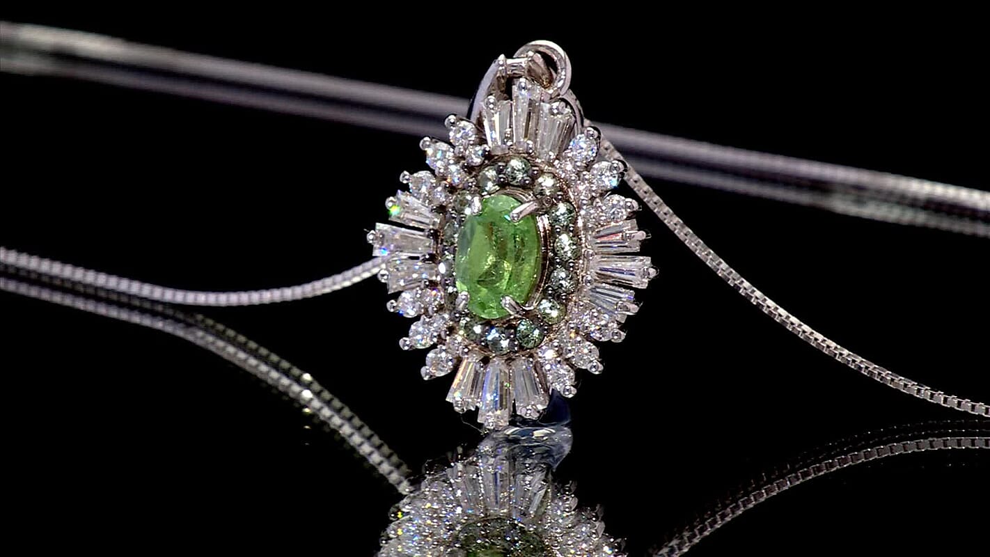 D'Joy Premium Ambanja Demantoid Garnet and Multi Gemstone 1.30 ctw Woodland Spark Halo Pendant Necklace in Rhodium Over Sterling Silver 20 Inches