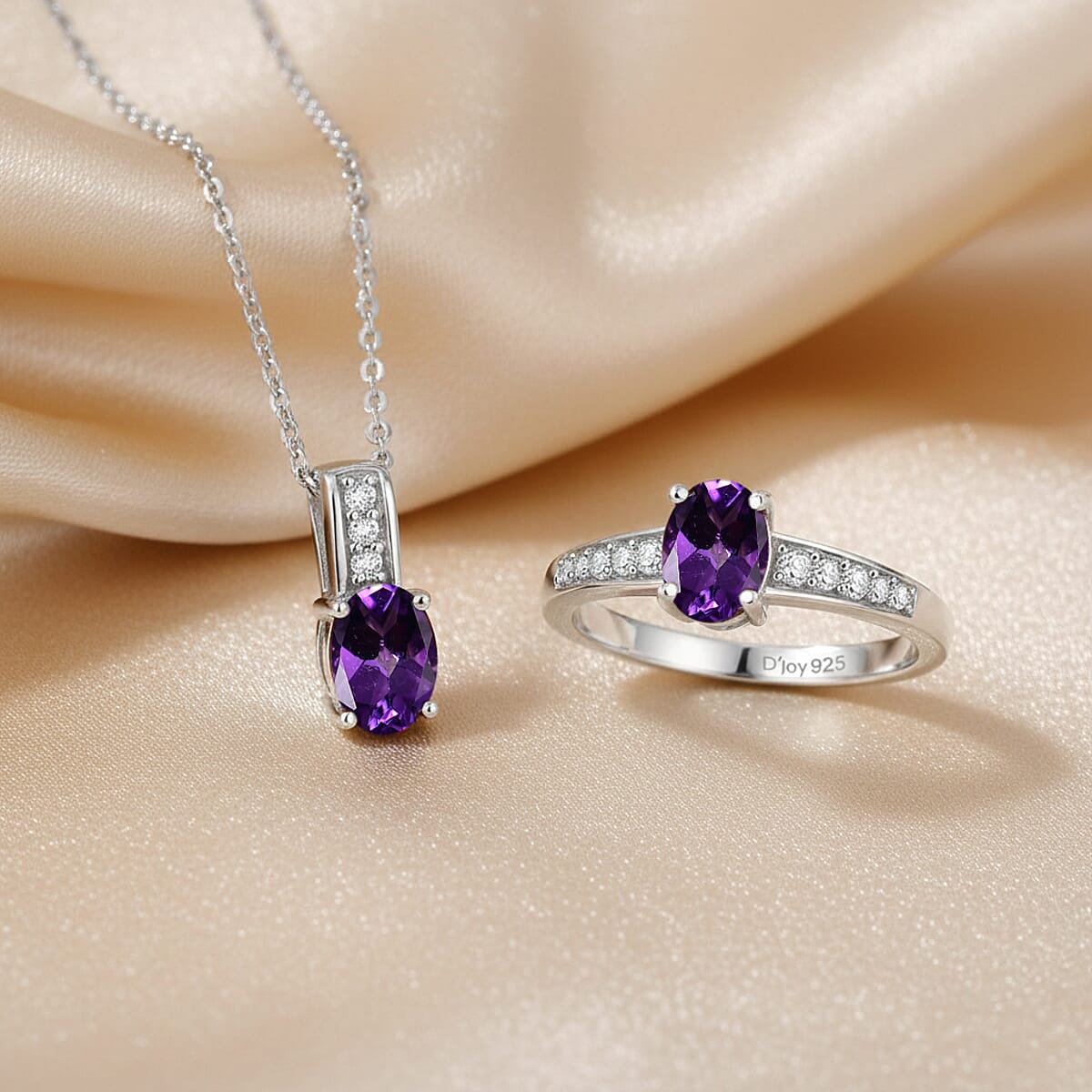 D'Joy African Amethyst, White Zircon Ring (Size 8.0), Pendant Necklace (20 Inches) in Rhodium Over Sterling Silver 1.90 ctw image number 1