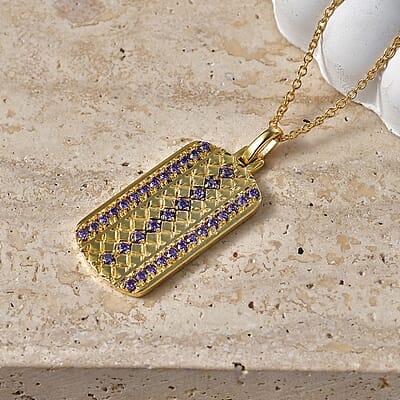EverTrue Simulated Amethyst Color Diamond Pendant in 18K YG Plated with ION Plated YG Stainless Steel Necklace 24 Inches