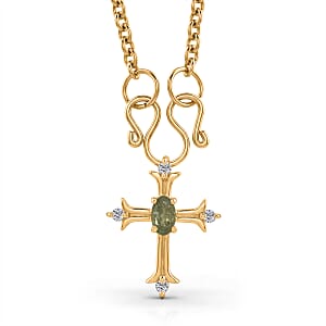 D'Joy Ambanja Demantoid Garnet and Moissanite 0.40 ctw Cross Pendant Necklace in 18K Vermeil Yellow Gold Over Sterling Silver 20 Inches 