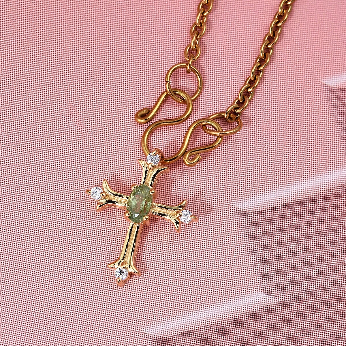 D'Joy Ambanja Demantoid Garnet and Moissanite 0.40 ctw Cross Pendant Necklace in 18K Vermeil Yellow Gold Over Sterling Silver 20 Inches  image number 1