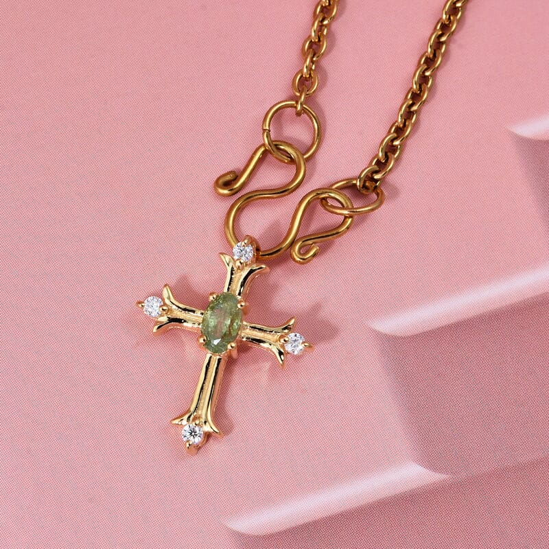 D'Joy Ambanja Demantoid Garnet and Moissanite 0.40 ctw Cross Pendant Necklace in 18K Vermeil Yellow Gold Over Sterling Silver 20 Inches 