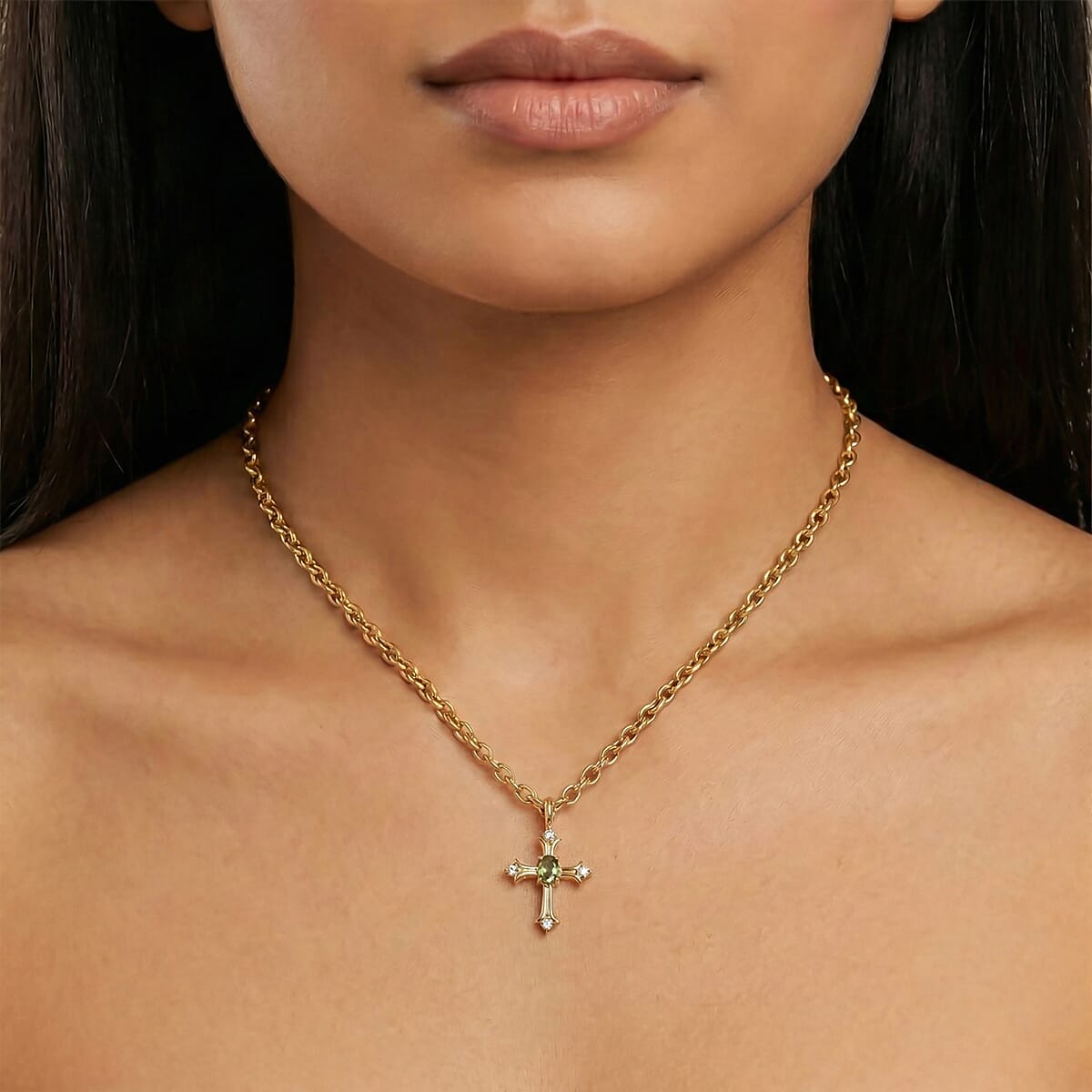 D'Joy Ambanja Demantoid Garnet and Moissanite 0.40 ctw Cross Pendant Necklace in 18K Vermeil Yellow Gold Over Sterling Silver 20 Inches  image number 2