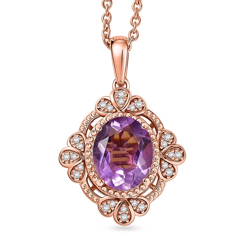 EverTrue Rose De France Amethyst and White Zircon 3.50 ctw Pendant in 18K RG Plated with ION Plated RG Stainless Steel Necklace 20 Inches