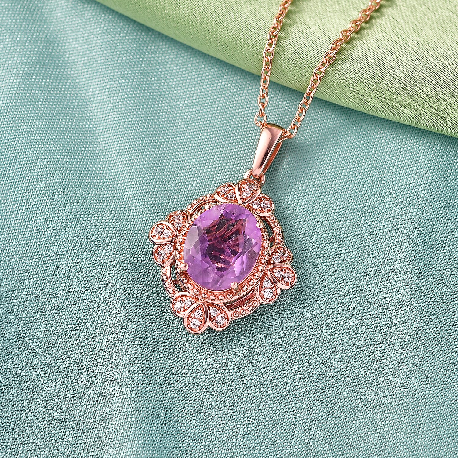 EverTrue Rose De France Amethyst and White Zircon 3.50 ctw Pendant in 18K RG Plated with ION Plated RG Stainless Steel Necklace 20 Inches