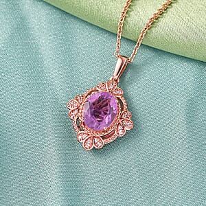 EverTrue Rose De France Amethyst, White Zircon Pendant in 18K RG Plated with ION Plated RG Stainless Steel Necklace (20 Inches) 3.50 ctw