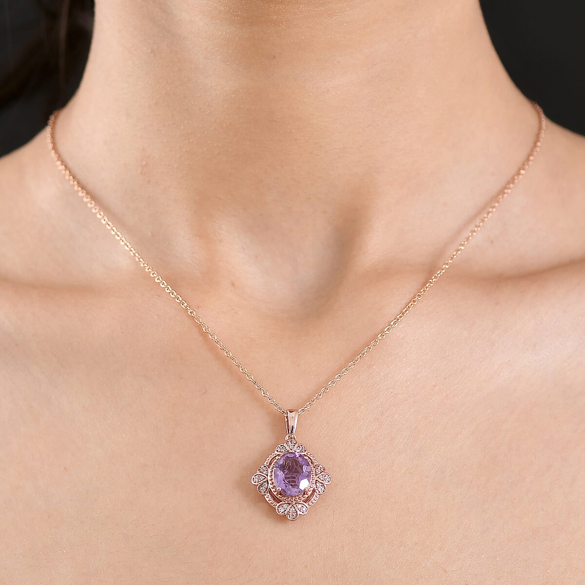 EverTrue Rose De France Amethyst, White Zircon Pendant in 18K RG Plated with ION Plated RG Stainless Steel Necklace (20 Inches) 3.50 ctw image number 2