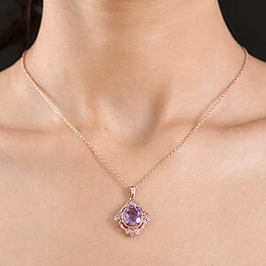 EverTrue Rose De France Amethyst, White Zircon Pendant in 18K RG Plated with ION Plated RG Stainless Steel Necklace (20 Inches) 3.50 ctw