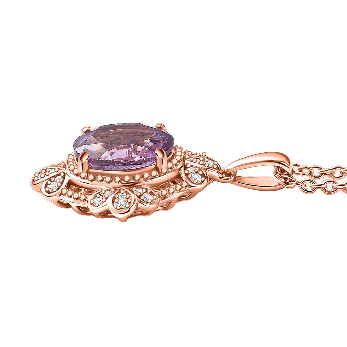 EverTrue Rose De France Amethyst, White Zircon Pendant in 18K RG Plated with ION Plated RG Stainless Steel Necklace (20 Inches) 3.50 ctw image number 3