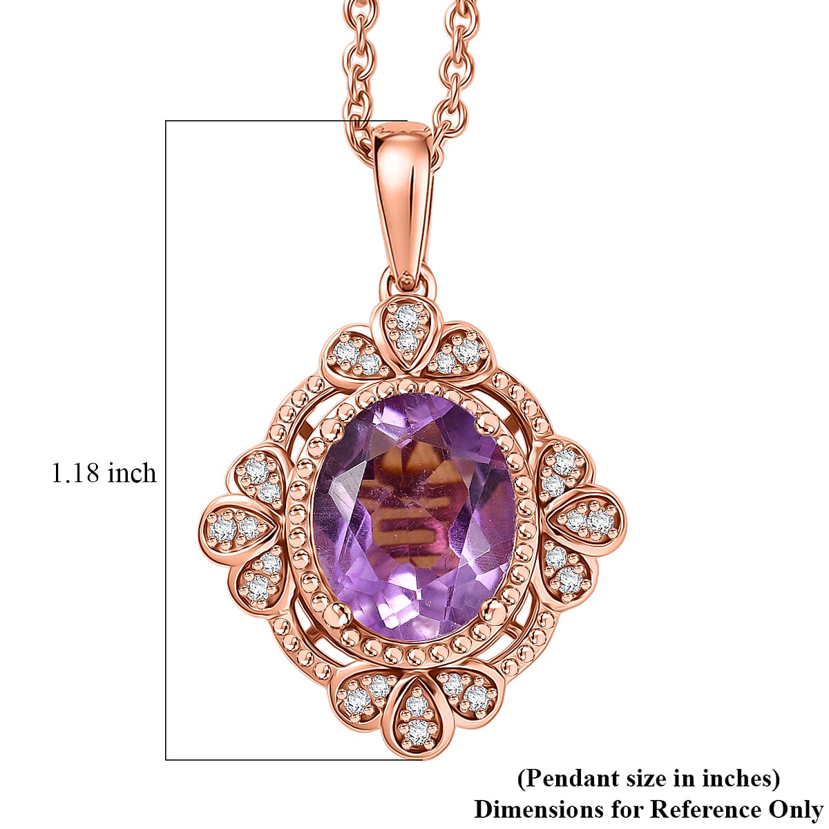 EverTrue Rose De France Amethyst, White Zircon Pendant in 18K RG Plated with ION Plated RG Stainless Steel Necklace (20 Inches) 3.50 ctw image number 5