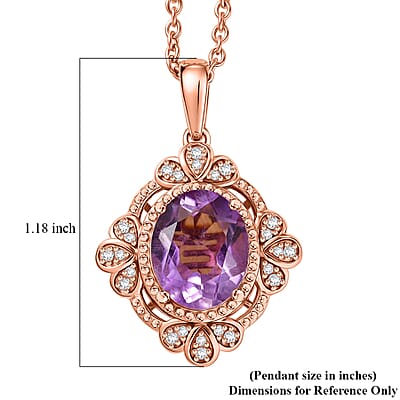 EverTrue Rose De France Amethyst and White Zircon 3.50 ctw Pendant in 18K RG Plated with ION Plated RG Stainless Steel Necklace 20 Inches