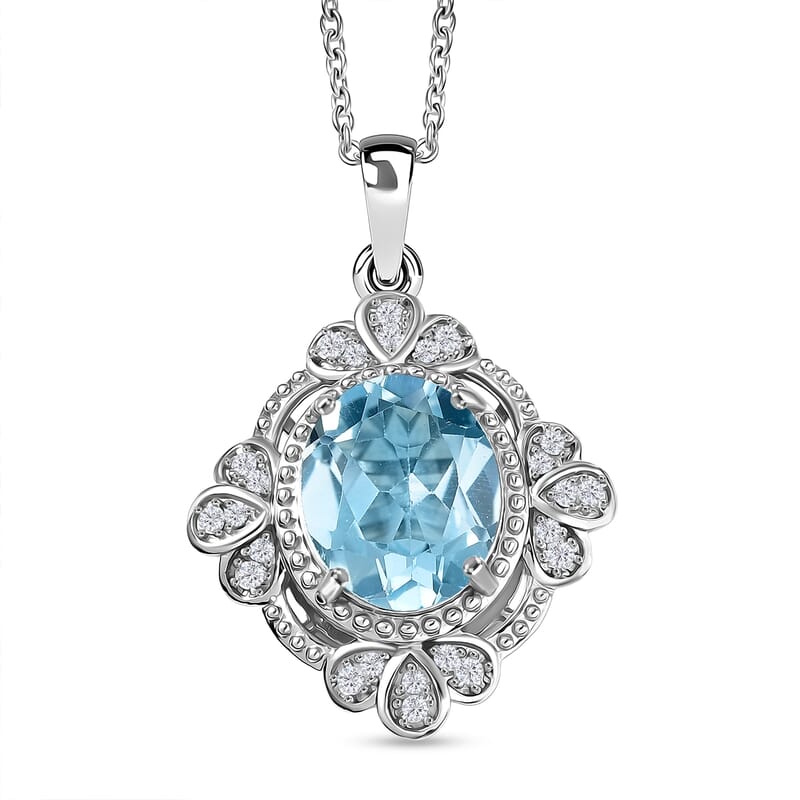 EverTrue Sky Blue Topaz and White Zircon 4.60 ctw Pendant in Platinum Bond with Stainless Steel Necklace 20 Inches